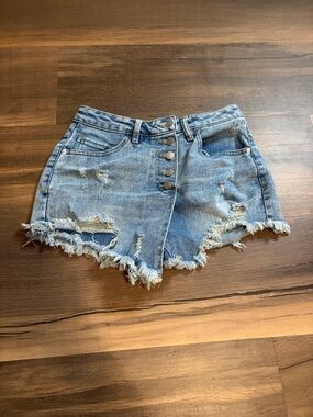 Distressed Light Blue High-Rise Button-Front Jean Shorts